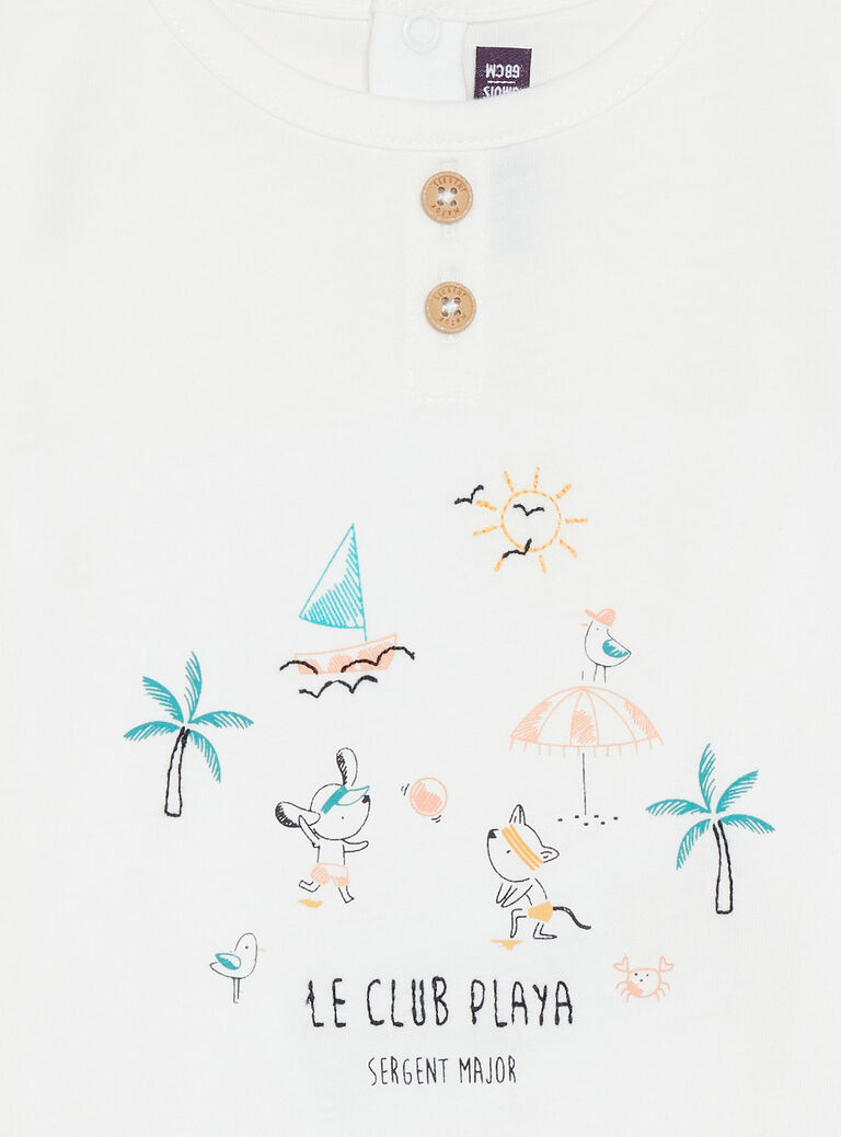 T-shirt écru à manches courtes à motif plage et animaux