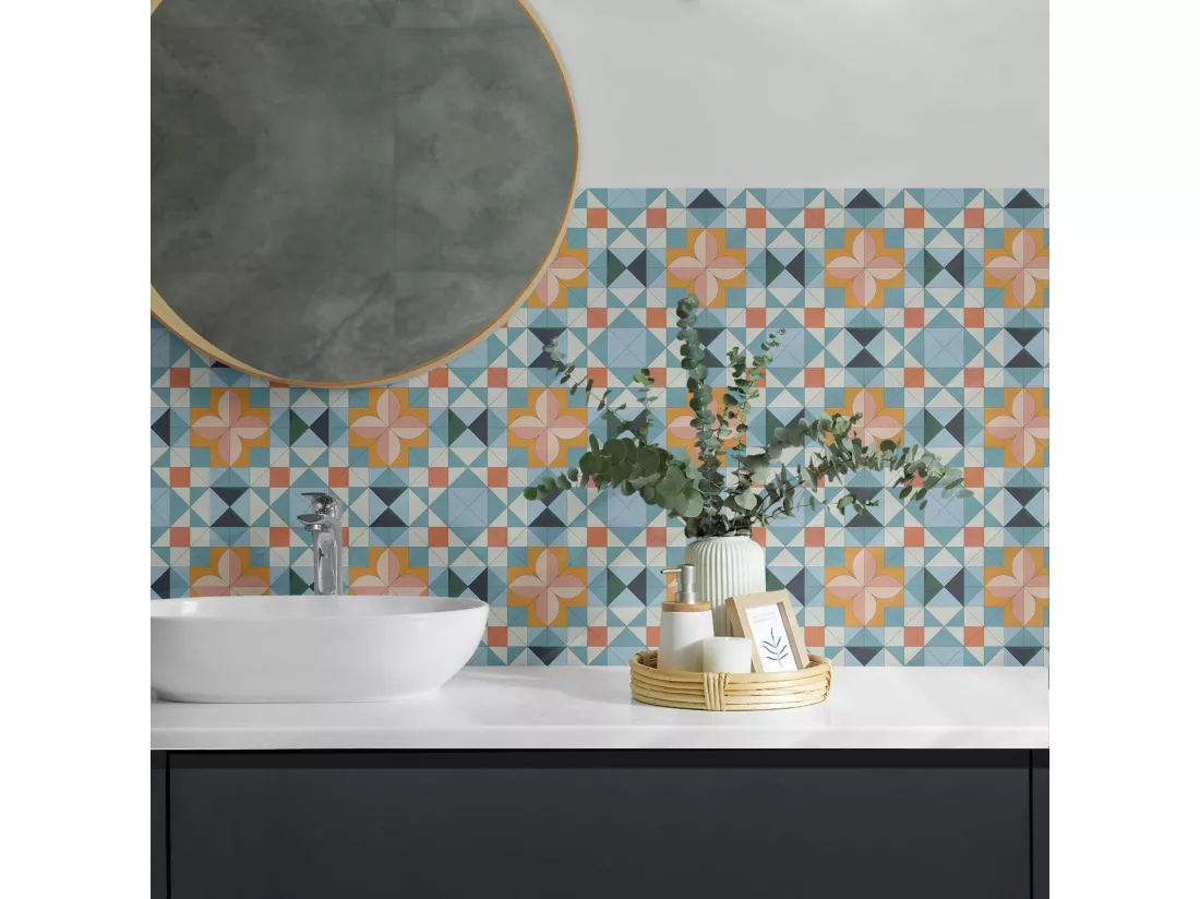 Carreaux autocollants PVC, Carrelage PVC adhésif - 20x20x20 - Motif géométrique avec une fleur