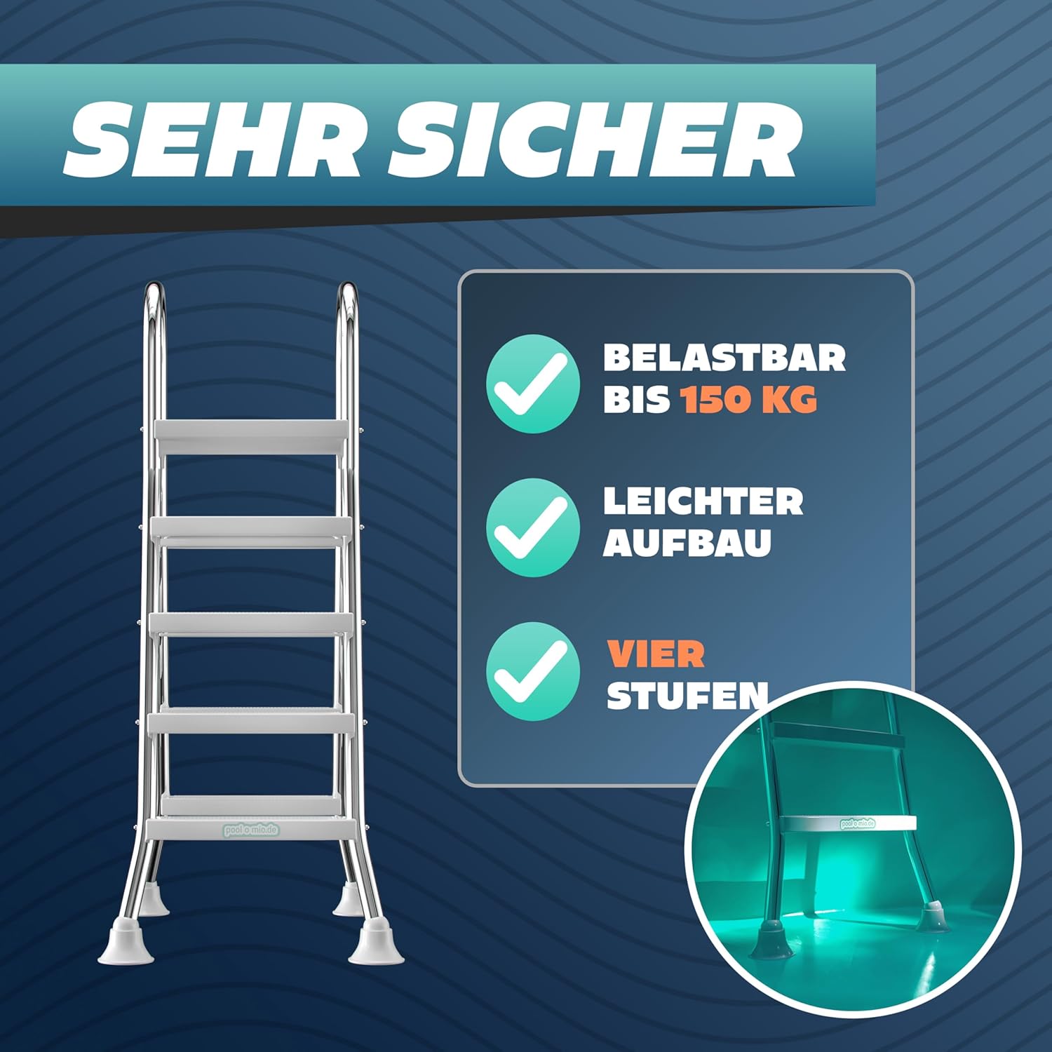 poolomio® Poolleiter Edelstahl mit Handlauf bis 132 cm | Einstiegsleiter mit 4 Stufen für Aufstellpools bis 1,32 m Höhe | sicherer Einstieg, langlebig, stabil | Sicherheitsleiter Traglast 150 kg