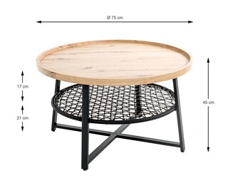 Couchtisch 75 cm Eiche-Dekor/schwarz/gewebte Ablage