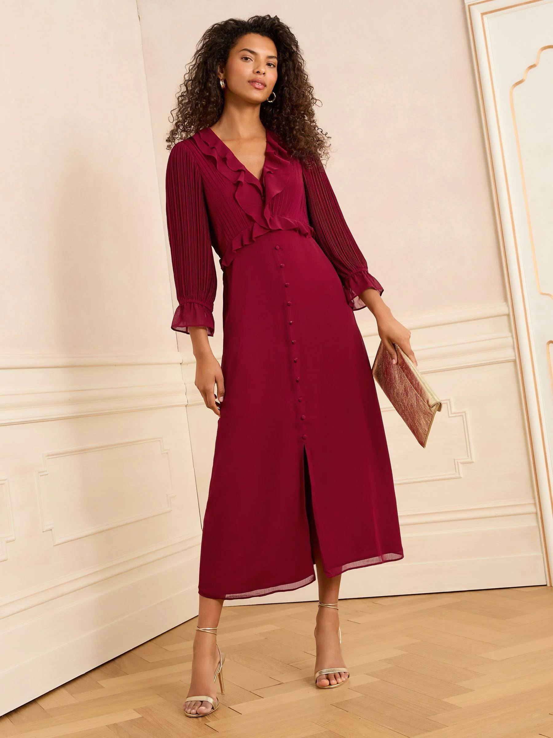 Rood - Love & Roses geplooide midi-jurk met ruches