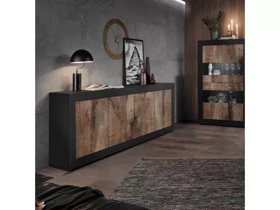 OTELLO - Buffet 4 Portes Finition Noir Mat et Aspect Bois Antik