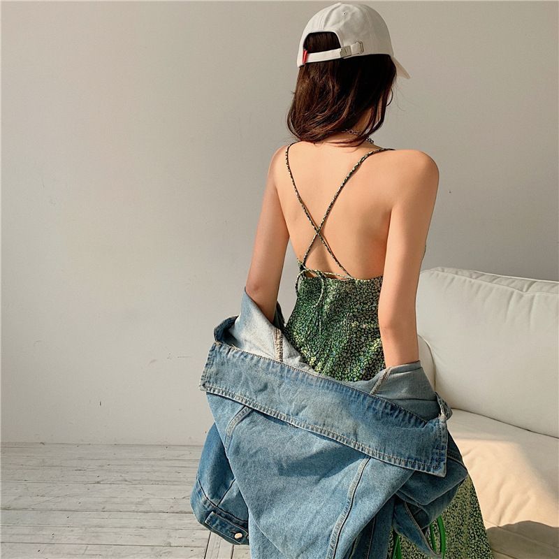 Maine - Midi-jurk met spaghettibandjes en bloemenprint en split