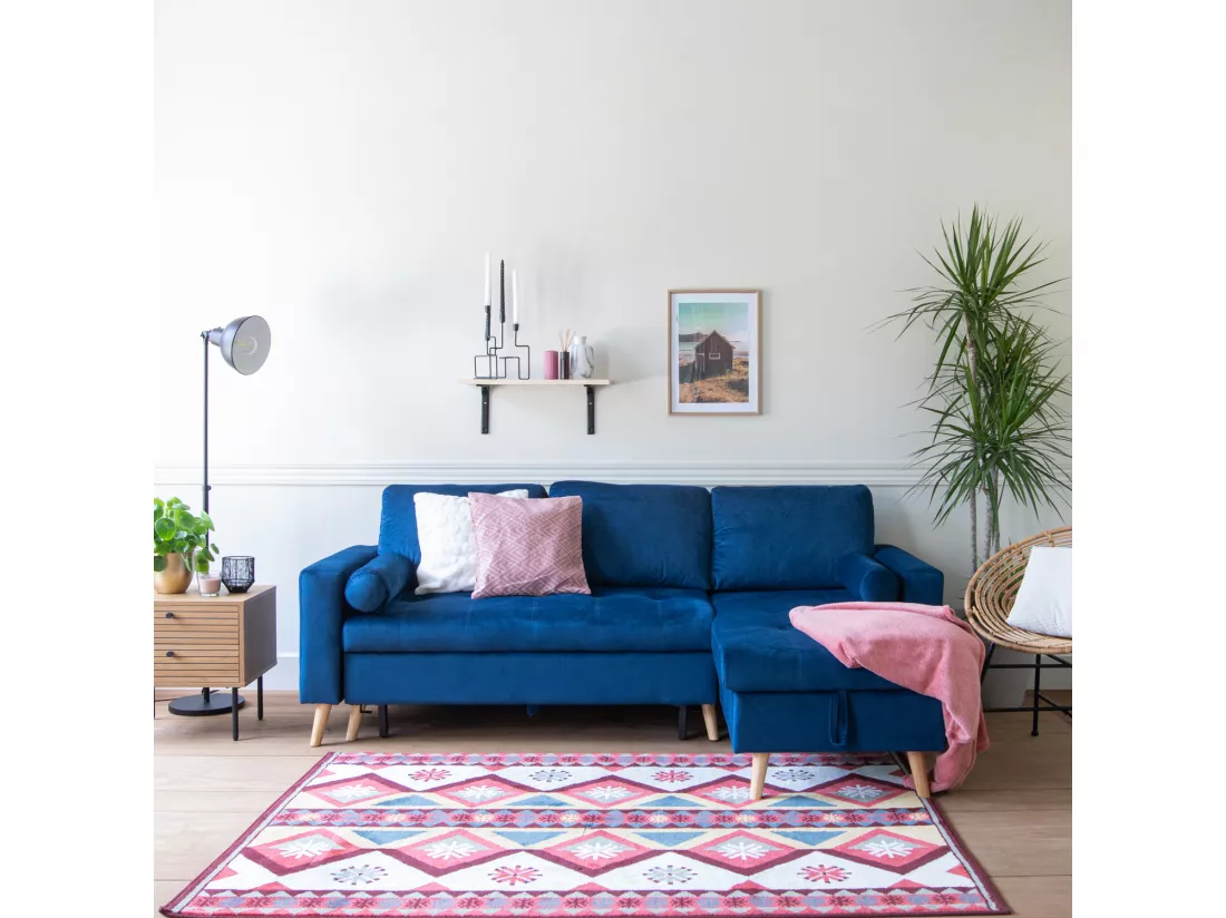 Canapé d'angle convertible JAMES 3 places en velours bleu - HAPPY GARDEN