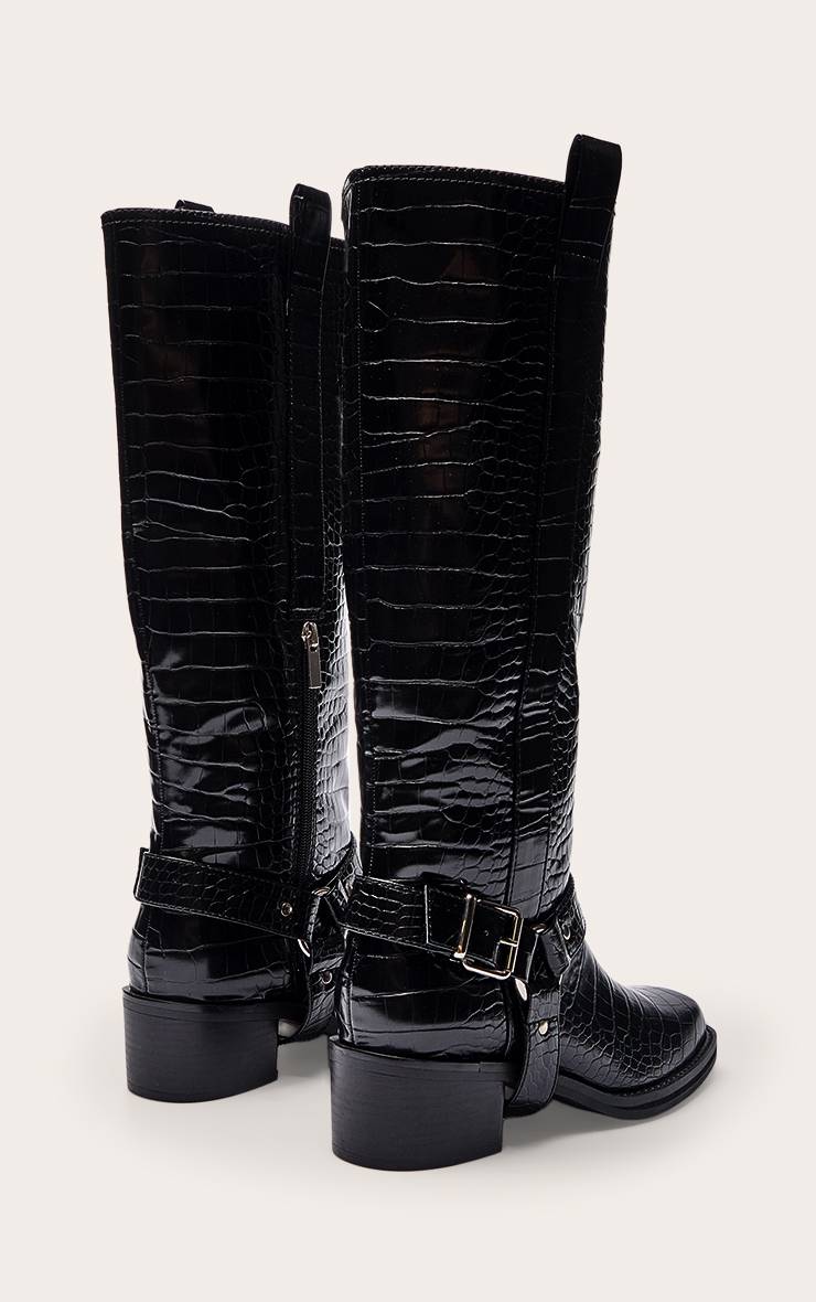 Noir Effet Croco Bottes Hautes À Détails Boucles Effet Croco Verni