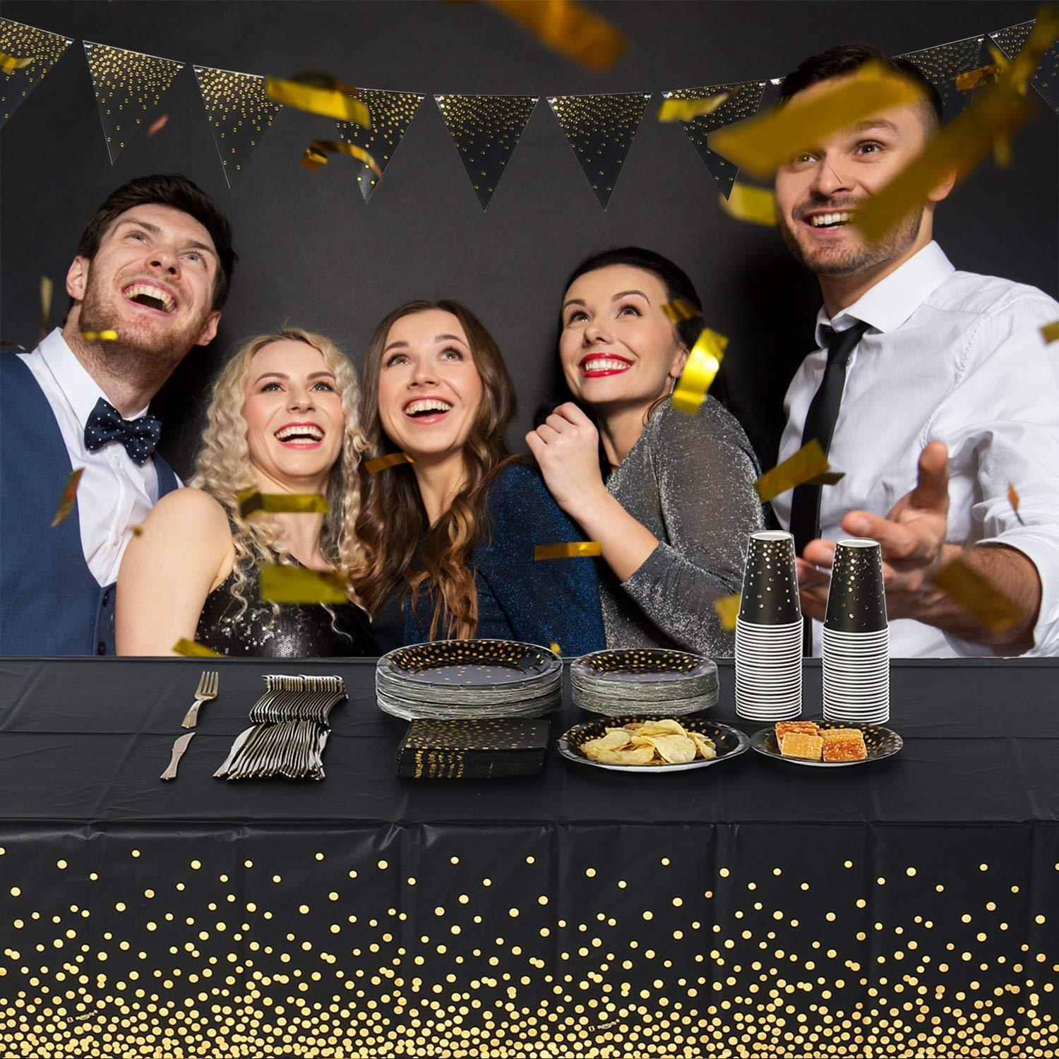 (270x135cm) Deko Tischdecke Party Dekoration Tisch Tuch Punkte Design - Schwarz / Gold