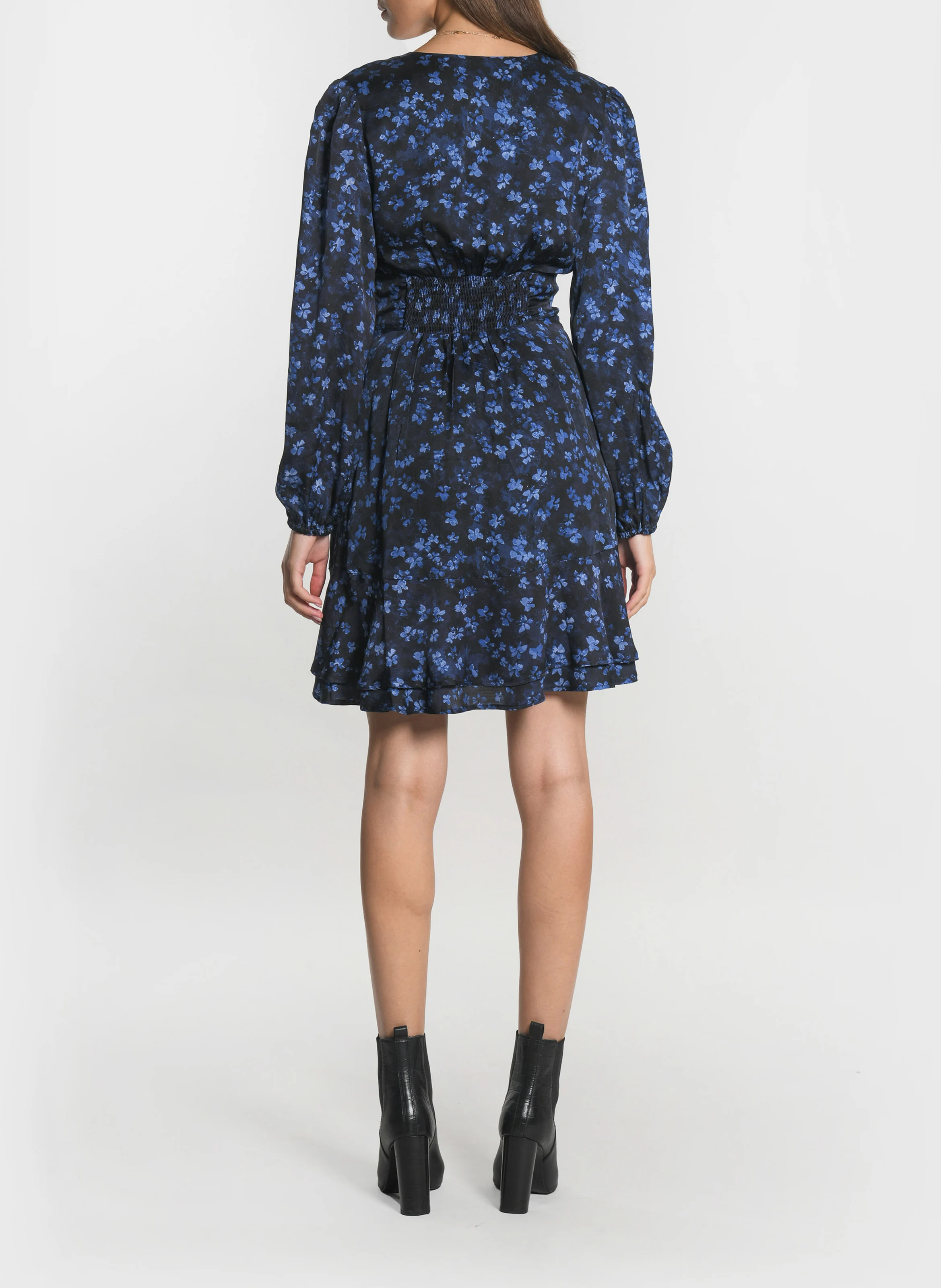 CAMILLE - Robe courte col V à imprimé fleuri | Bleu