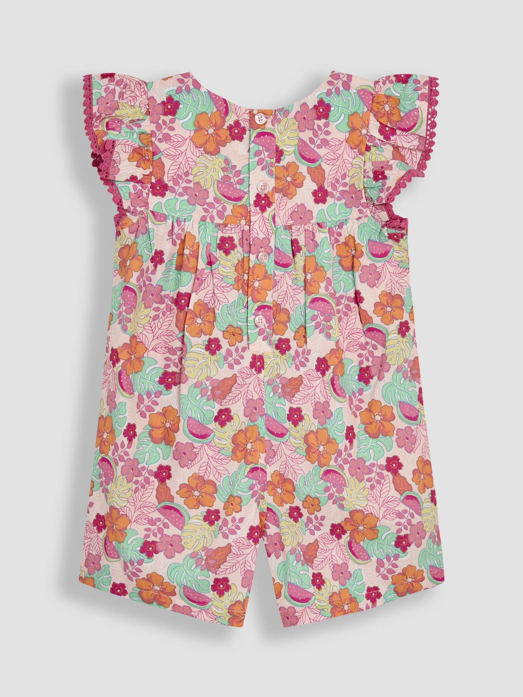 Pink Jungle Floral Print - JoJo Maman Bébé Frill Sleeve 100% Cotton Playsuit