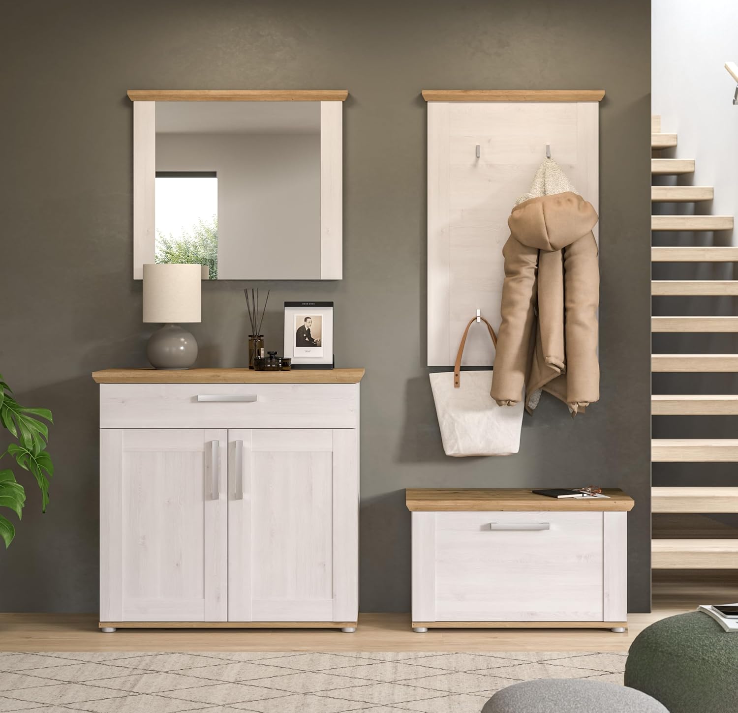 xonox.home Garderobe Verona 4tlg. Set Garderobenkombination Garderobenschrank Garderobenmöbel Flurmöbel-Set Flursystem Stauraumlösung in Sibiu Lärche Nb. Absetzung Artisan Eiche Nb.