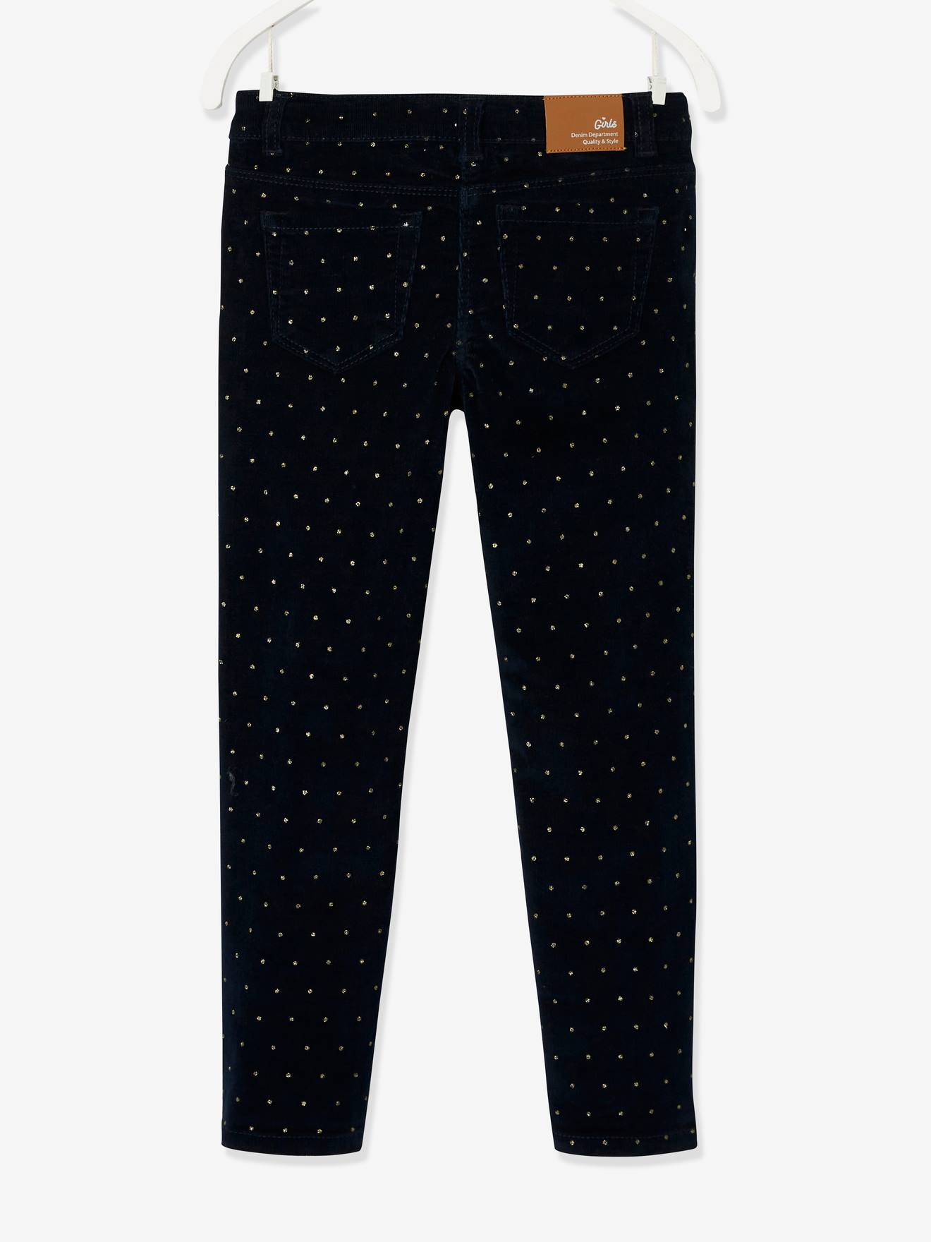 Calças de veludo cotelê slim fit para meninas da MorphologiK com bolinhas iridescentes, largura padrão no quadril, estampa verde média.