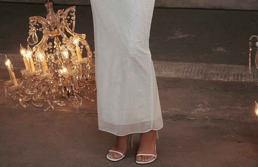 Alizio - Lange mouw V-hals imitatie tweedelige maxi-bodyconjurk met kanten paneel en split van mesh