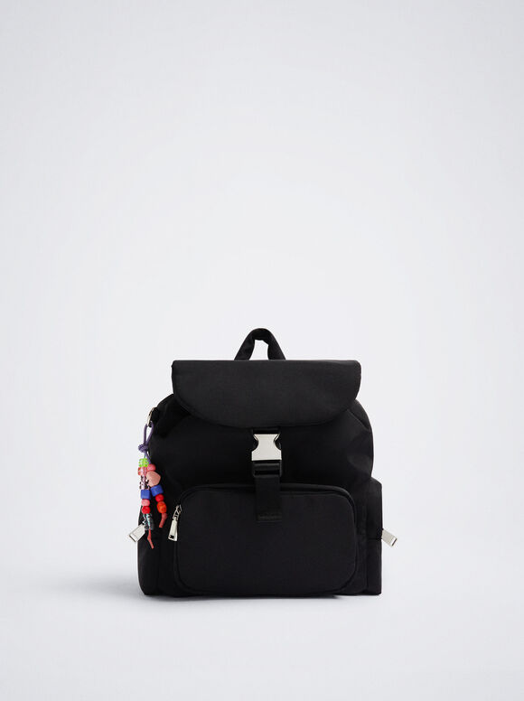 Mochila de nylon com pingente - Preta