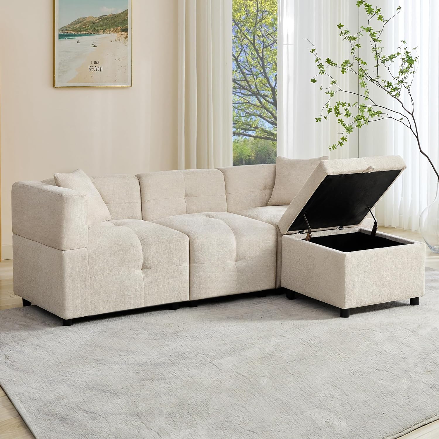 Merax 3-Sitzer Ecksofa mit Stauraum und abnehmbarem Hocker – Modernes L-förmiges Schlafsofa mit 2 Kissen für Wohnzimmer, Büro & kleine Wohnungen