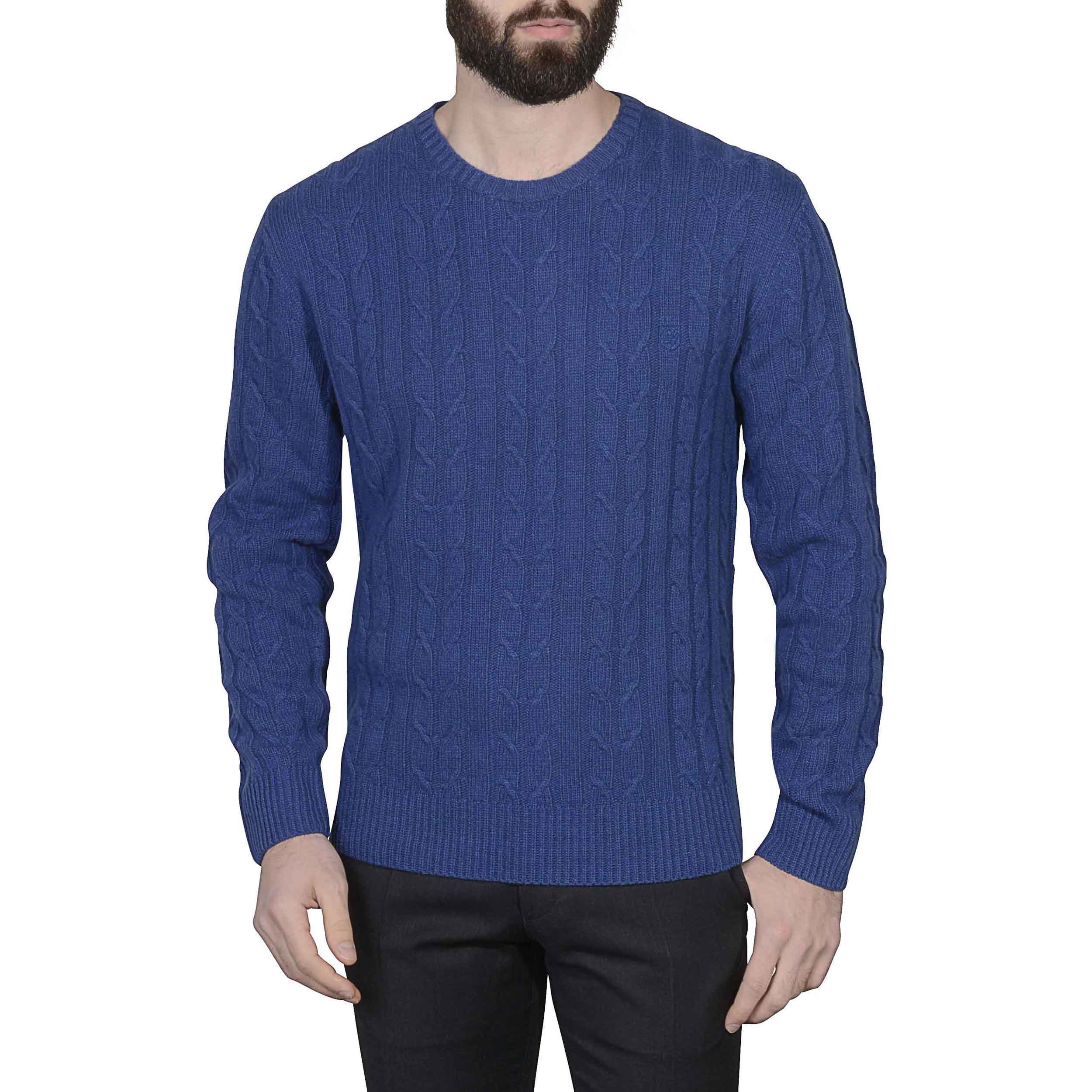 Pull torsadé laine et cachemire bleu