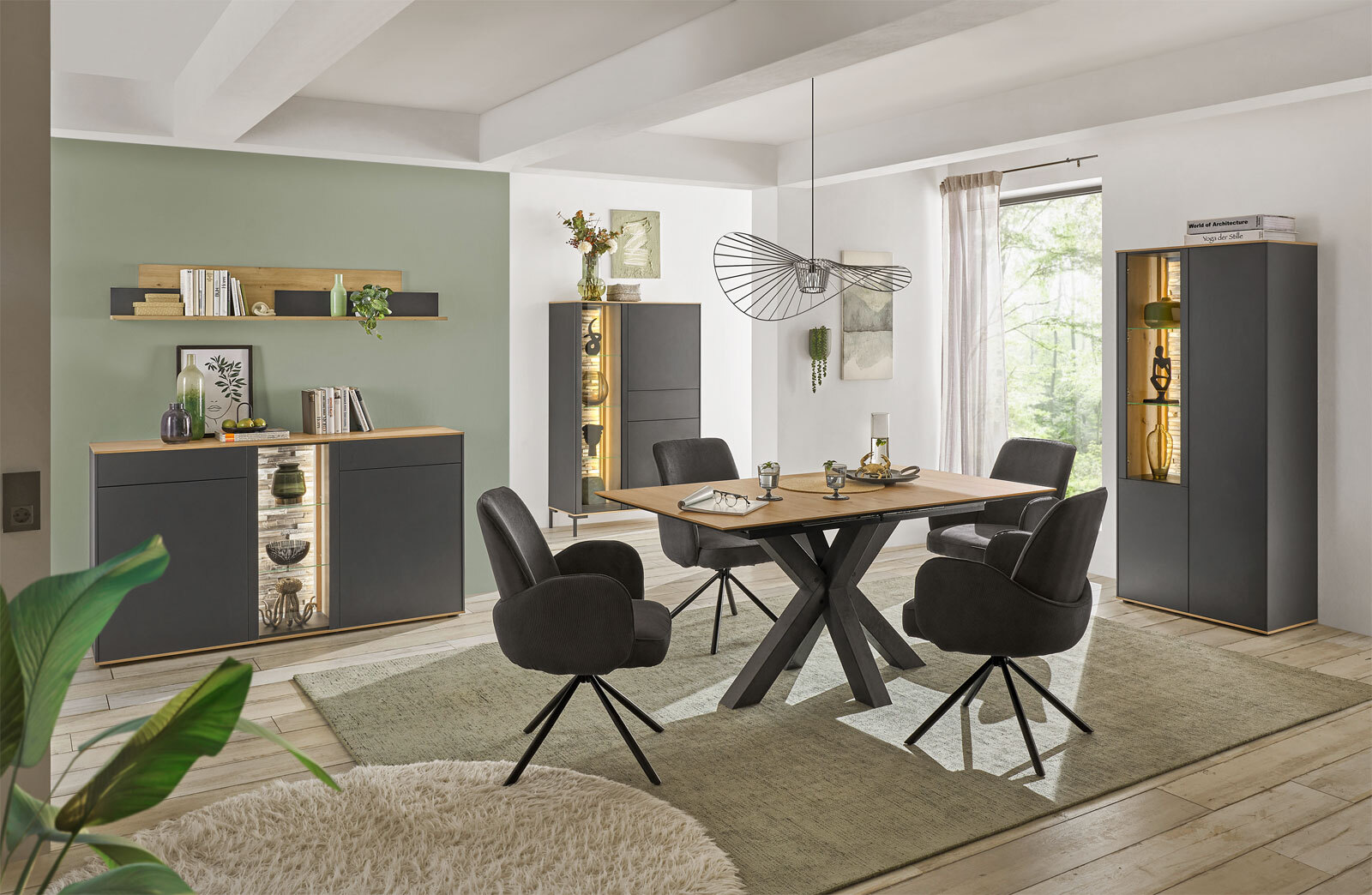 Vitrinenschrank Como 81x180x42 cm Anthrazit matt lack / Asteiche-Dekor