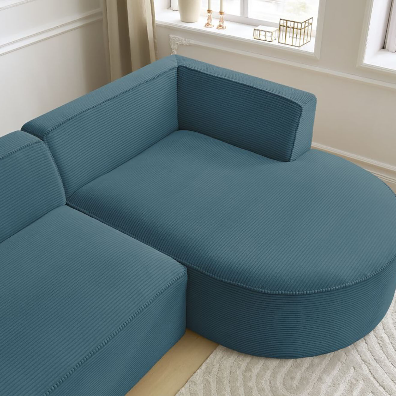 Bobochic Canapé d'angle droit fixe 4 places Rousseau texturé bleu foncé - 250x160x72 cm