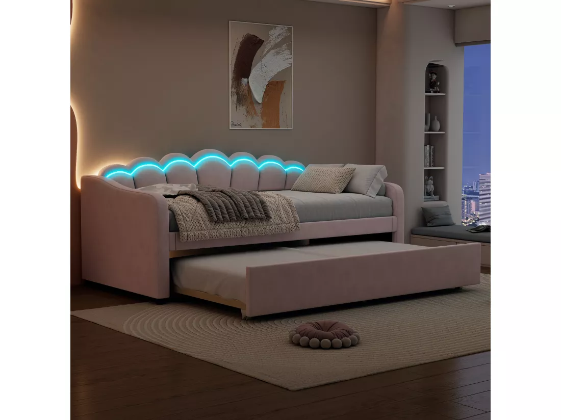 Lit gigogne 90 x 200 cm + lit 90 x 190 cm, canapé-lit - velours - LEDs - coloris rose (sans matelas)