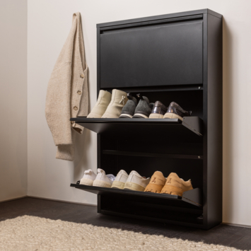 WOOOD schoenenkast Sabine 3-vaks zwart metaal 103 x 66 x 16 cm