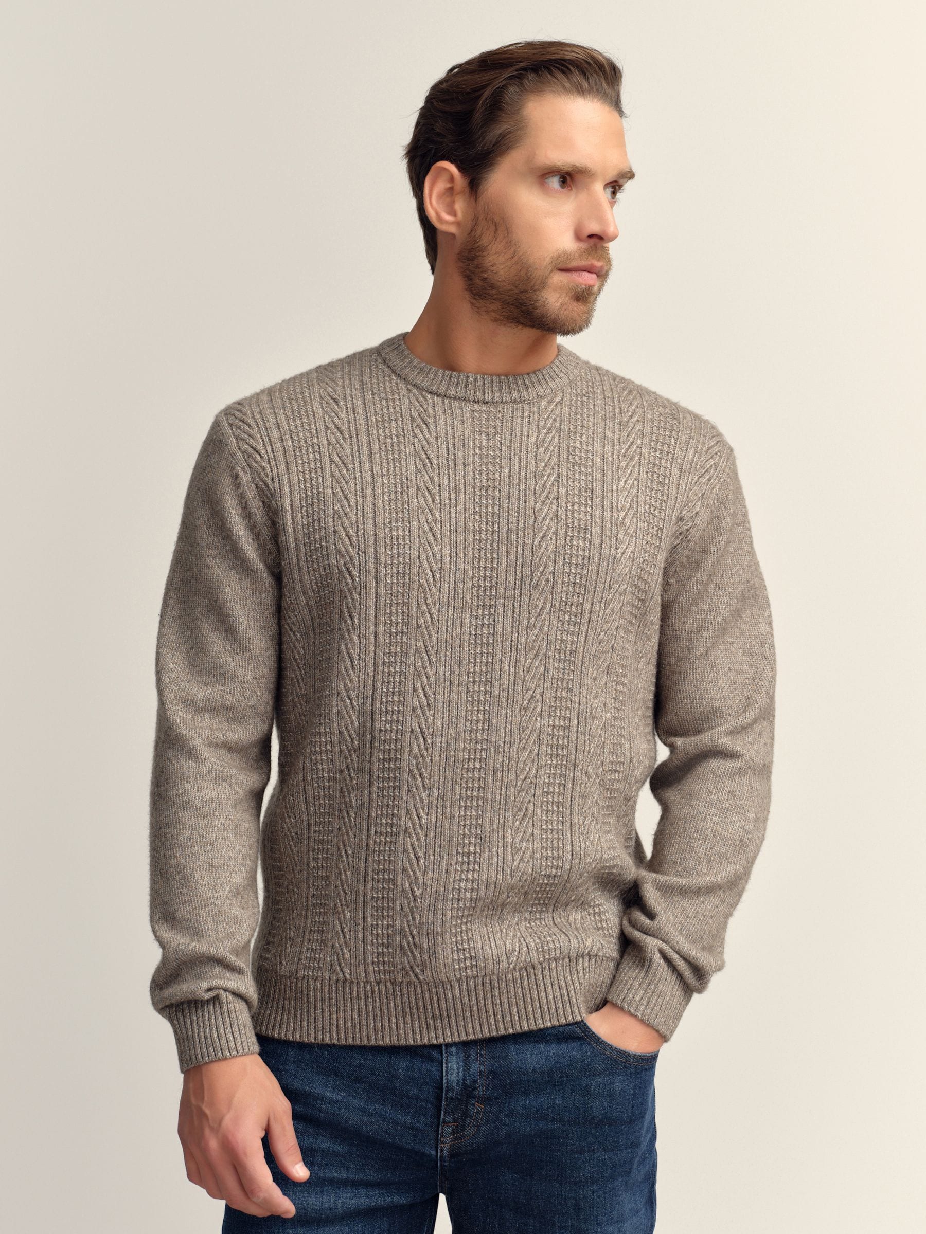 Donker kiezelkleurig - Regular Fit Cable Knit Crew Neck Jumper with Wool