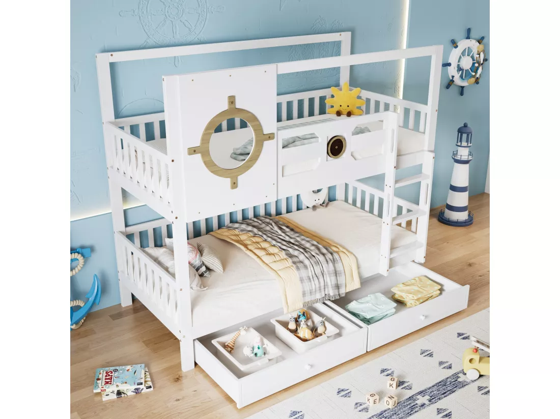 Lit superposé pour enfants 90x200 cm, avec toit et fenêtre, rails anti-chute, tiroirs, blanc + couleurs naturelles