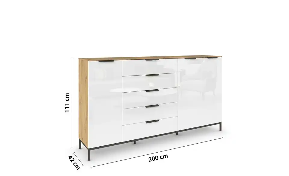Highboard Weiß, Eiche Artisan (Nachbildung) Weiß, Eiche Artisan (Nachbildung) Front: Glas, Oberboden: Dekor Graphit