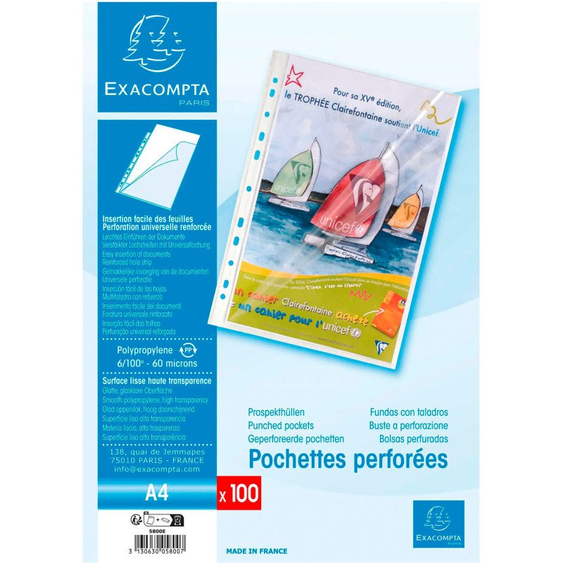 Pochettes perforées Exacompta A4 polypropylène lisse 6/100e ouverture sur 2 côtés - Boite de 100