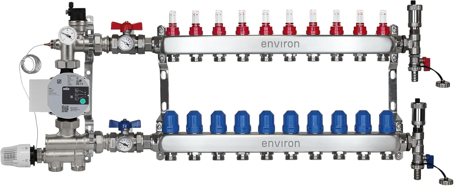 ENVIRON- Heizkreisverteiler [2-12 Heizkreise] mit Festwertregelset, Kugelhahn Set und Schnellentlüfter Set | Hocheffizienzpumpe (Wilo Para STG 25/8, 10 Heizkreise)