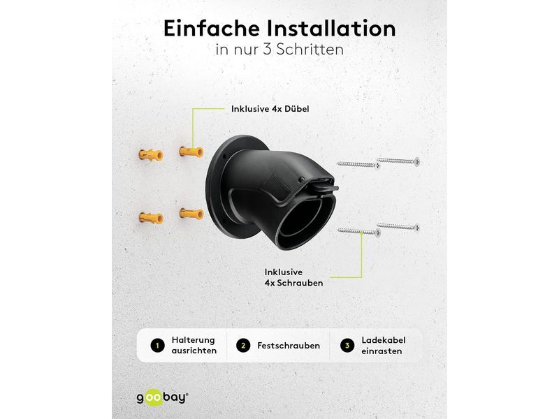 Goobay Wandhalterung abgewinkelt für Ladekabel Typ-2 Kabel-Wandhalterung für Typ-2 Elektrofahrzeug-Ladekabel