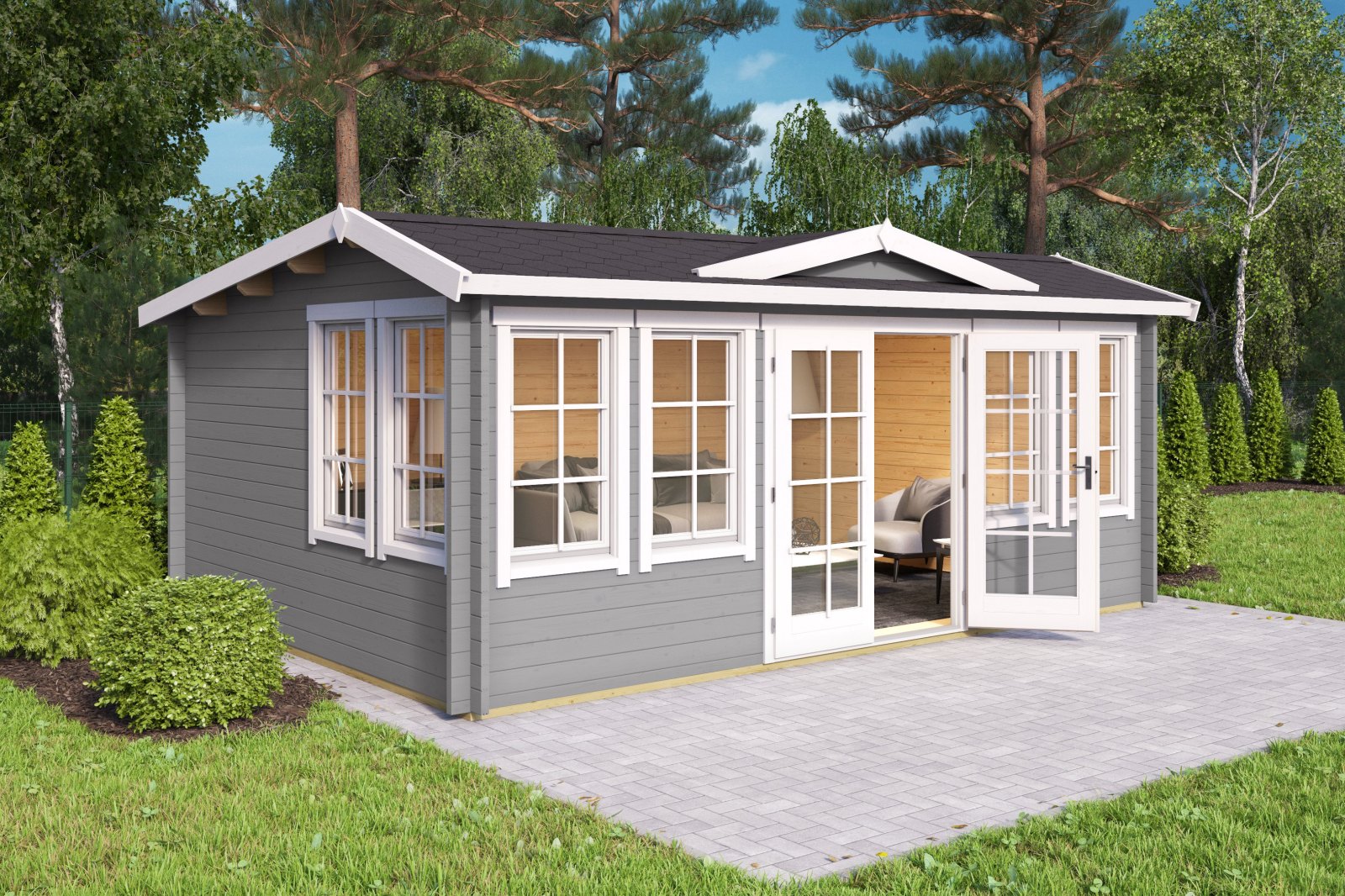 Gartenhaus BALMORAL 44 - lichtgrau - Fichte massiv - 380x239,4 cm