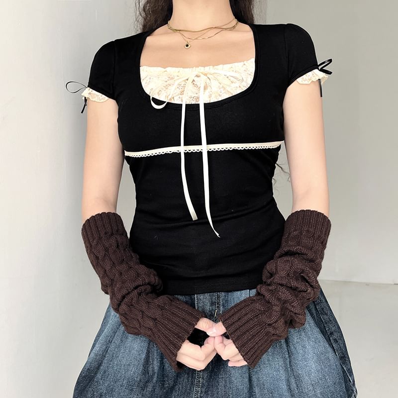 Sosana - Korte/lange mouwen nep tweedelig crop top met kantpaneel en strik aan de voorkant