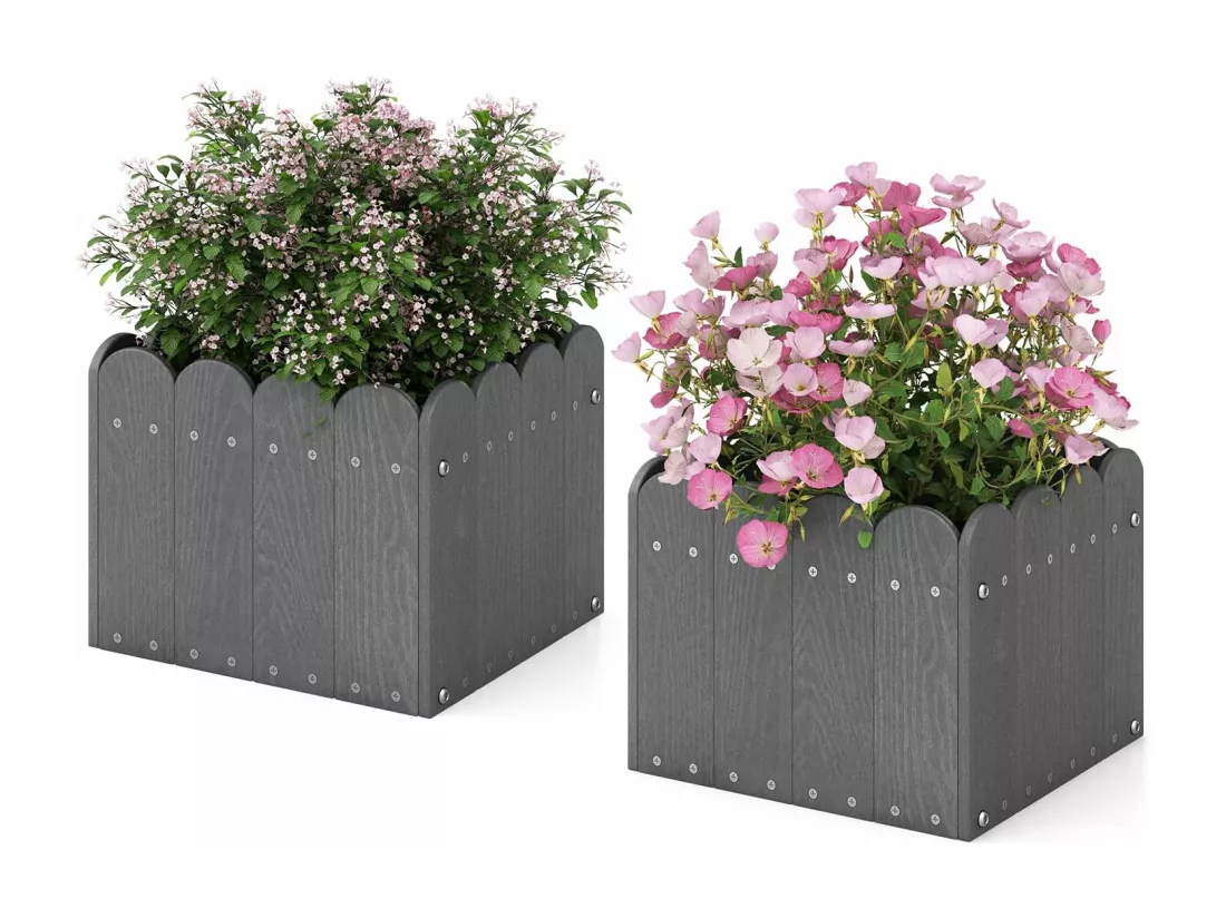 Lot de 2 Jardinière Carrées en HDPE Résistant aux Intempéries, Lit de Jardin Surélevé avec Trous de Drainage pour Culture Fruits Légumes, pour Patio Balcon, 32 x 30 x 25 cm (Gris)