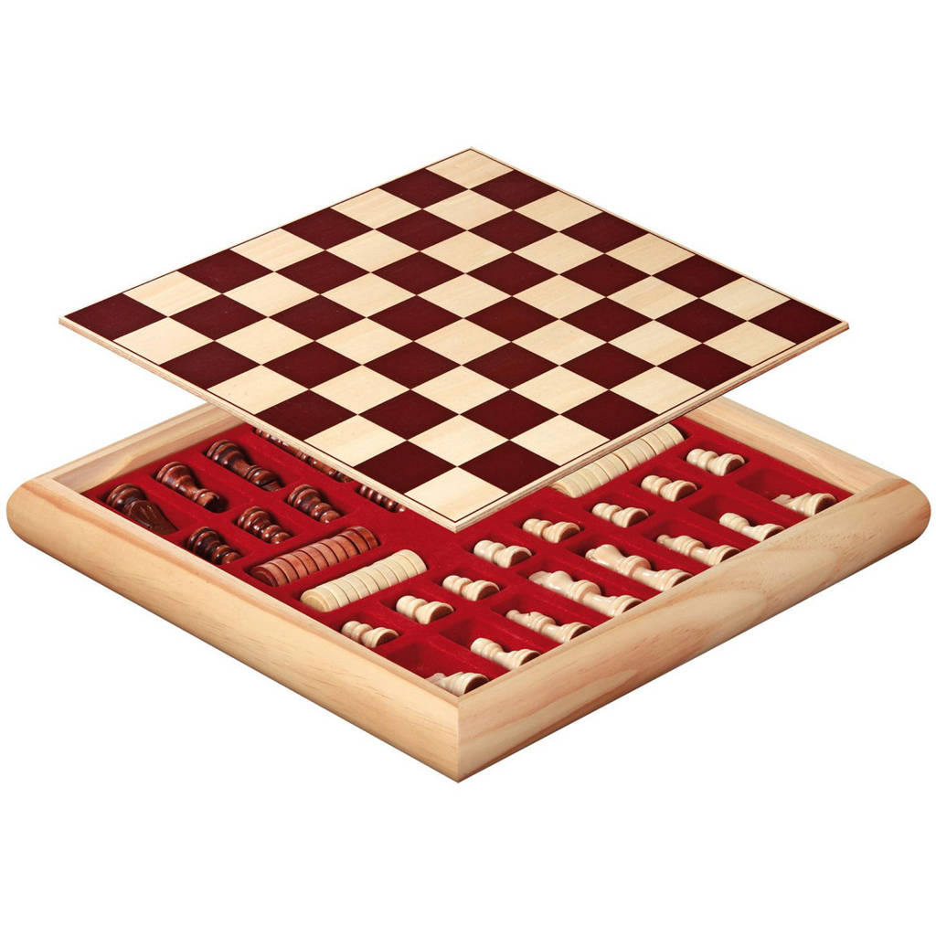 houten schaak-dam set 32x32cm Houten schaak-/damset (32x32 cm)