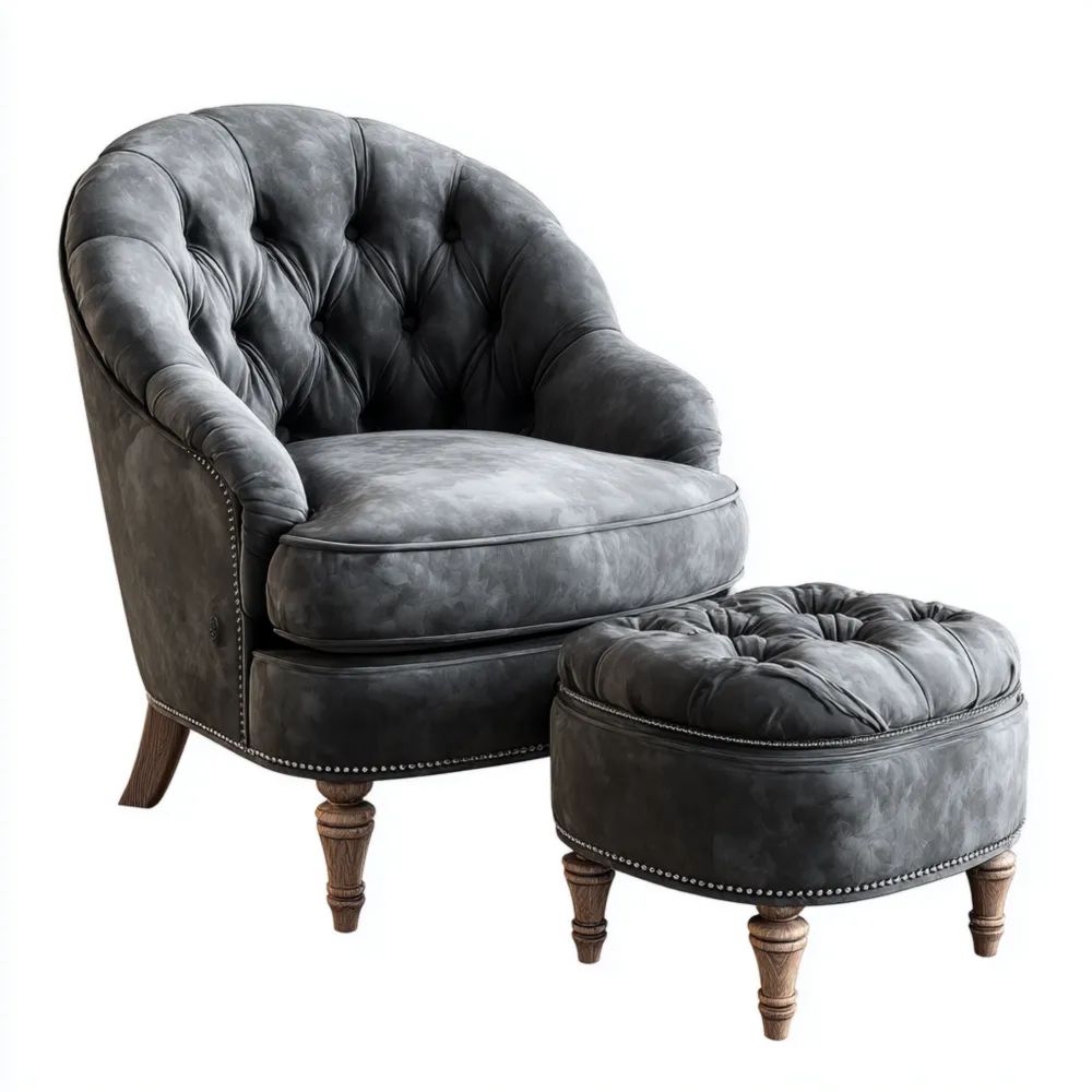 Relaxsessel Leder 85x85x100 cm mit Hocker - Dunkelgrau - Klassisches Design