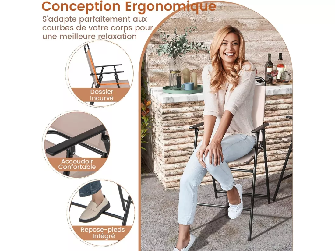 Lot de 2 Chaises de Jardin Pliantes avec Accoudoirs, Chaises d'Extérieur à Dossier Haut avec Cadre en Métal, Fauteuil de Jardin en Teslin Respirant pour Toutes Saisons, Charge 150KG(Beige)