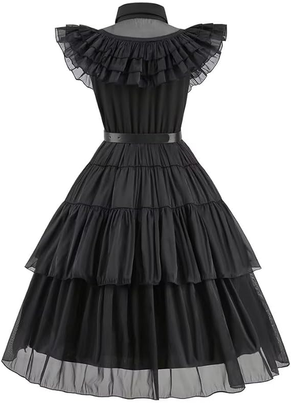(130-150cm) Fasnachts Kinder Kostüm Wednesday Addams Kleid Verkleidung für Motto Partys / Halloween inkl. Leder Gürtel - Schwarz