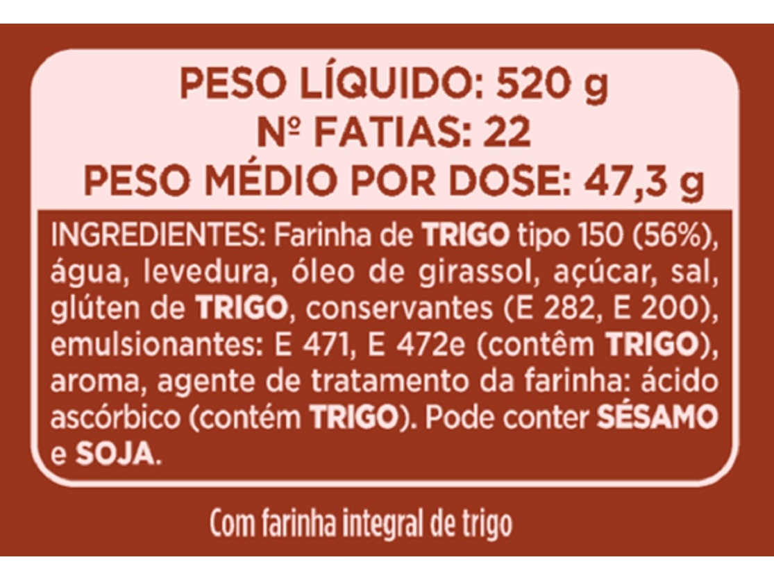 PÃO PANRICO FORMA INTEGRAL RECEITA ECONÓMICA 520G