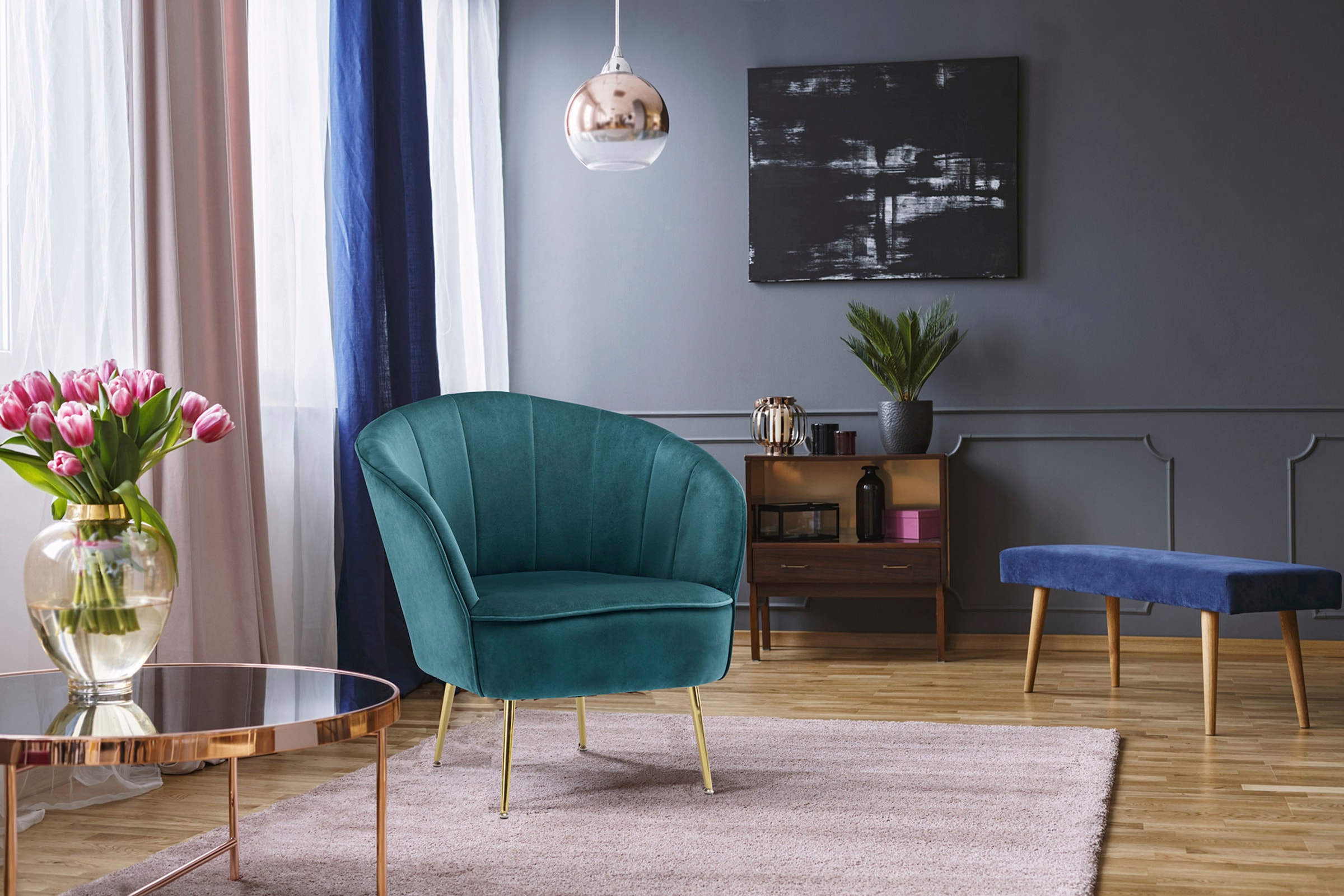 Kayoom Sessel »Poola 100, gemütlicher Cocktail-Sessel, edler Samtbezug« 1 Stk. tlg. samtweich, gesteppt, gemütlich, tiefe Sitzhöhe von 79cm