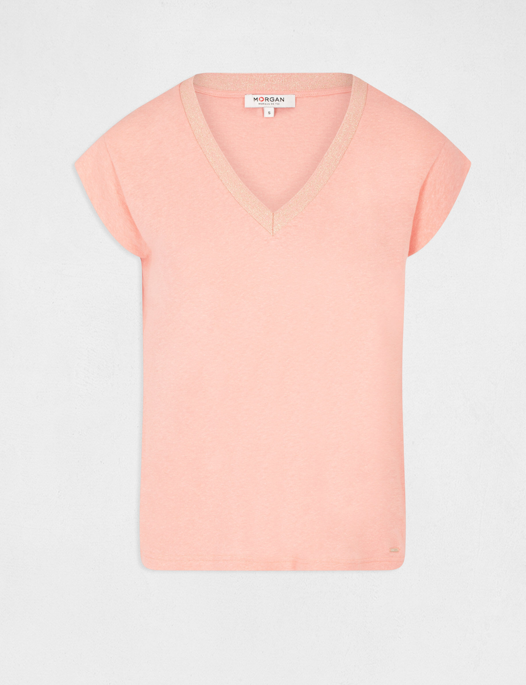 T-shirt manches courtes à col en V rose pale femme - rose_pale