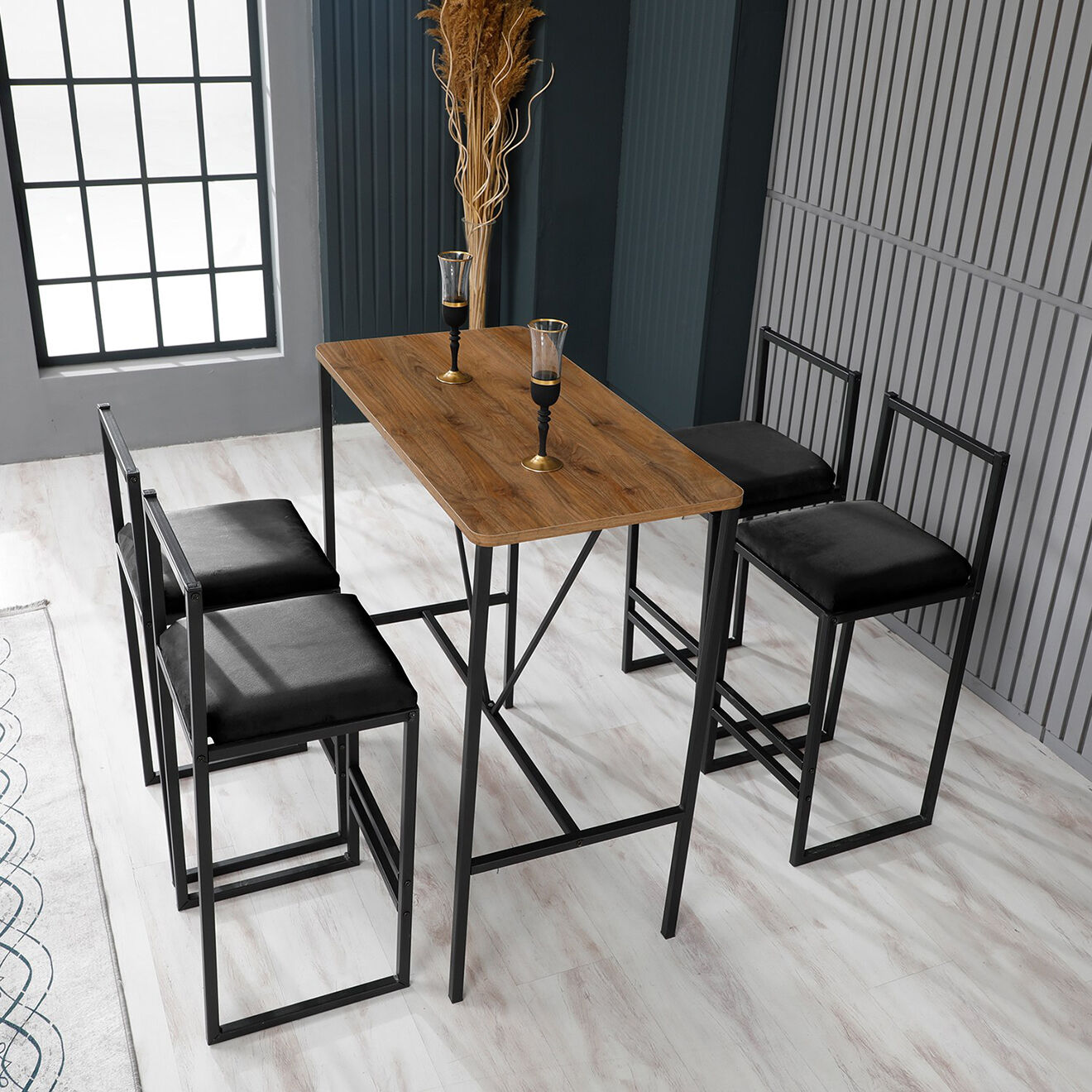 Homitis Table haute + 4 Tabourets de bar Nordic noyer/noir