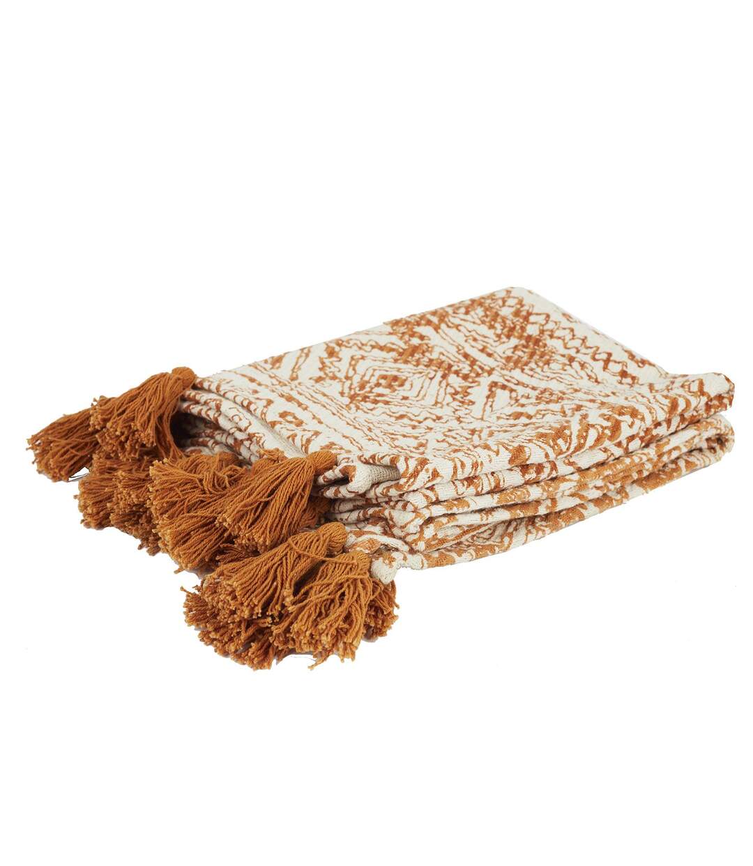 Plaid en coton à Pompons - 120 x 150 cm - Imprimés Ocre et Beige
