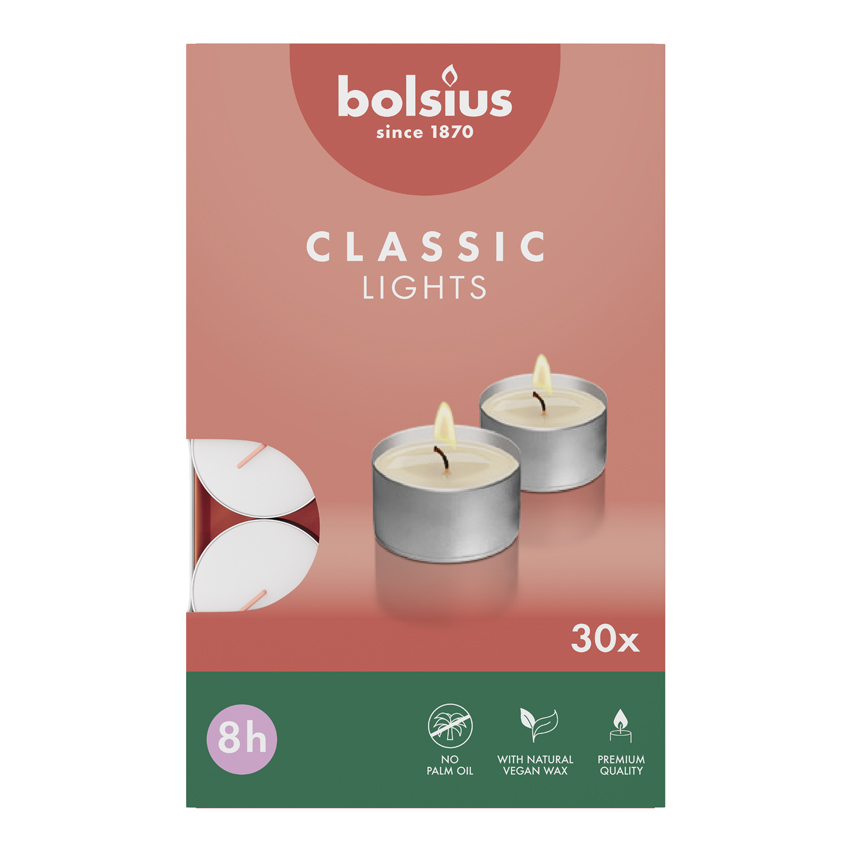 Bolsius Theelichten 8-Uur Wit (30 stuks)