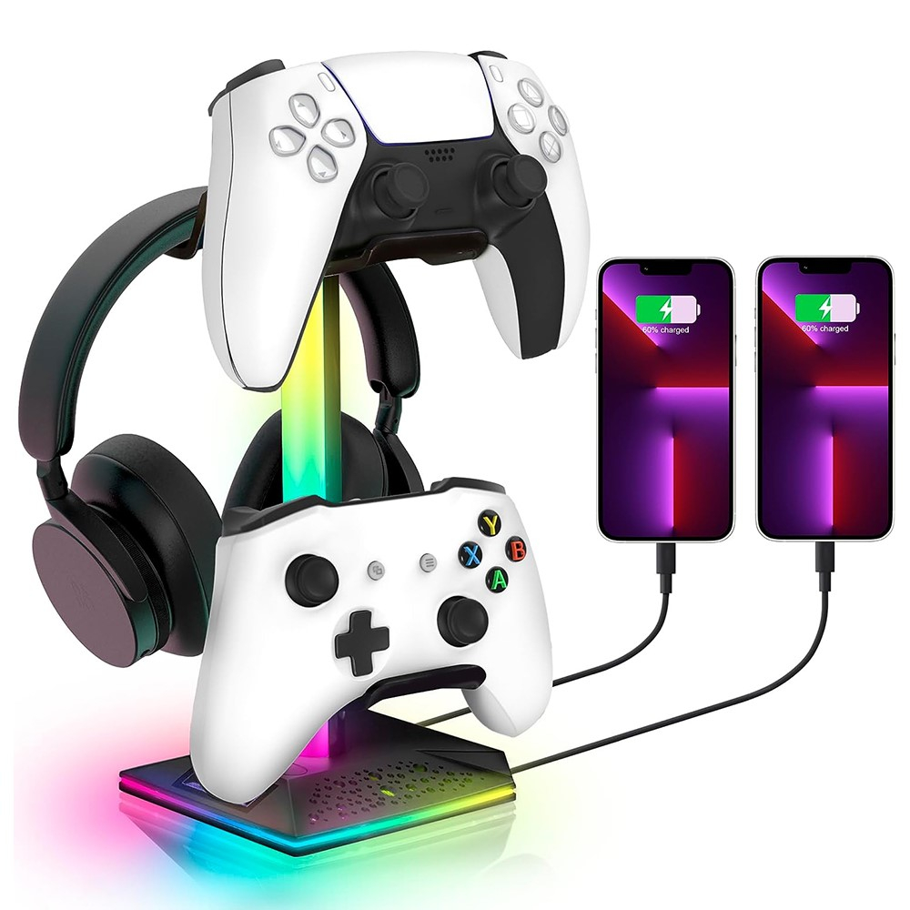 Gaming Kopfhörer und Controller Halterung Ständer mit USB C / 2x USB A Anschluss   RGB Beleuchtung - Schwarz