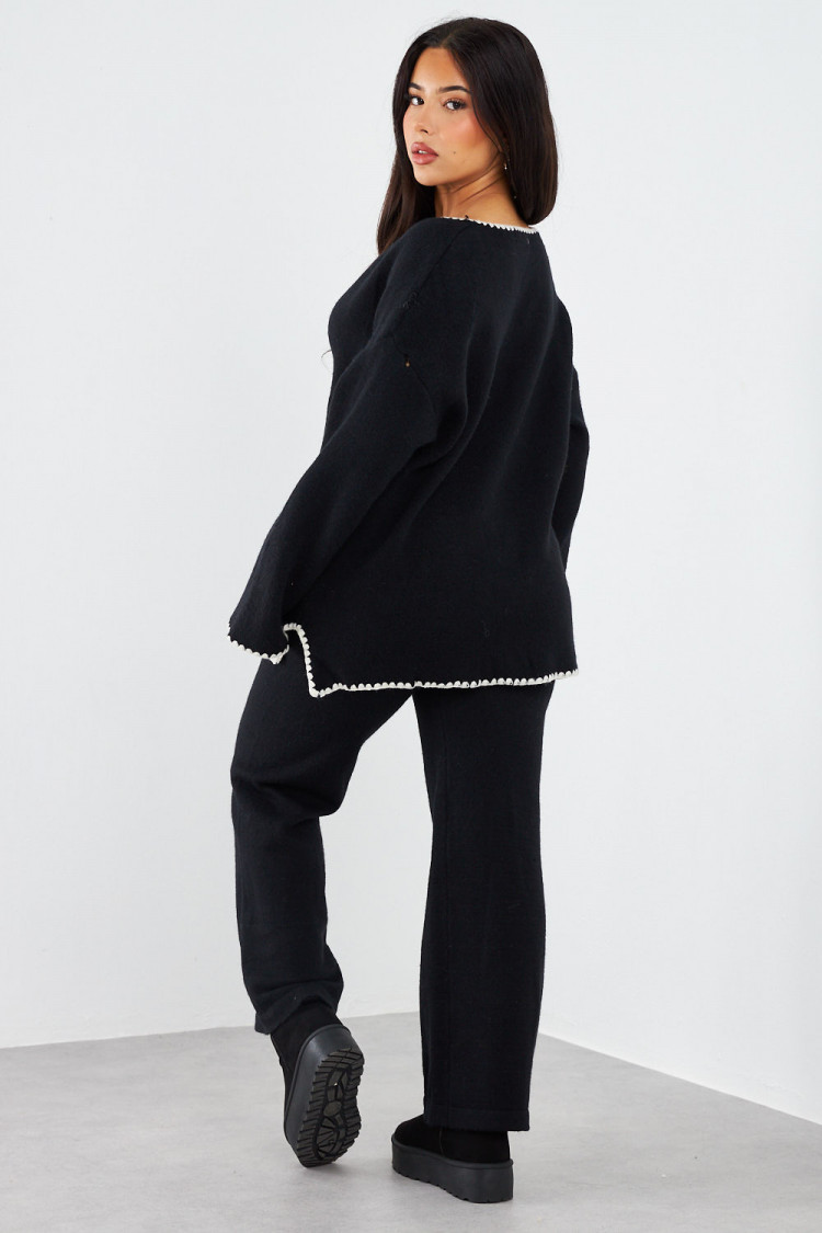 Ensemble 2 pièces qualité supérieur gilet + pantalon noir à coutures blanches