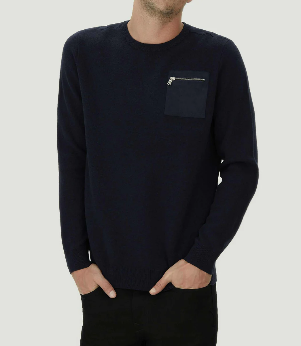 Pull col rond à empiècements marine 