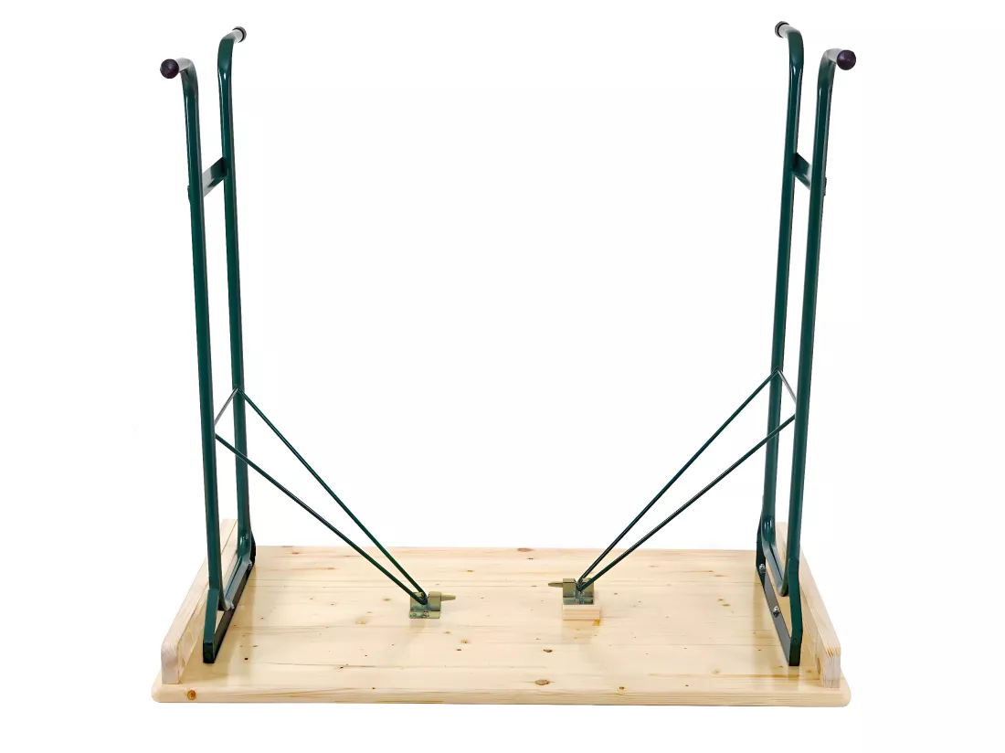 Table haute HWC-L67 - table de brasserie table de tente de bière table de camping - pliable métal pin bois huilé 110x125x70cm