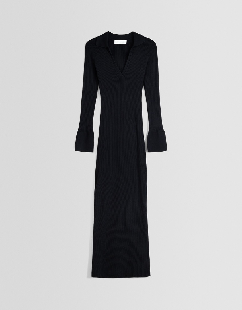 Vestido midi de manga comprida com gola polo