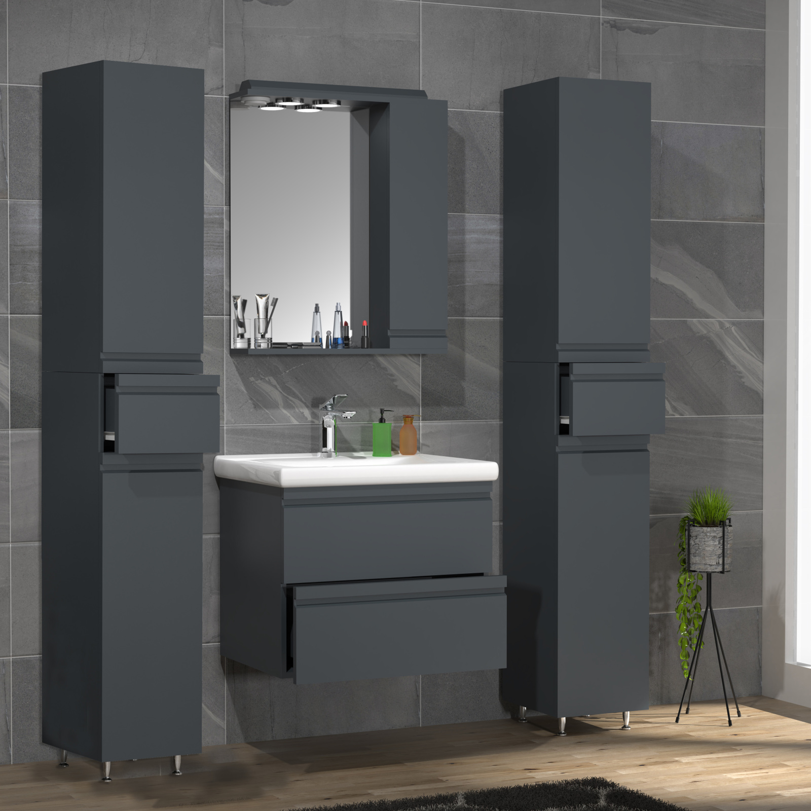 5-teiliges Badmöbel-Set SILORA L - anthrazit - 60 cm Waschbecken - mit Spiegelschrank