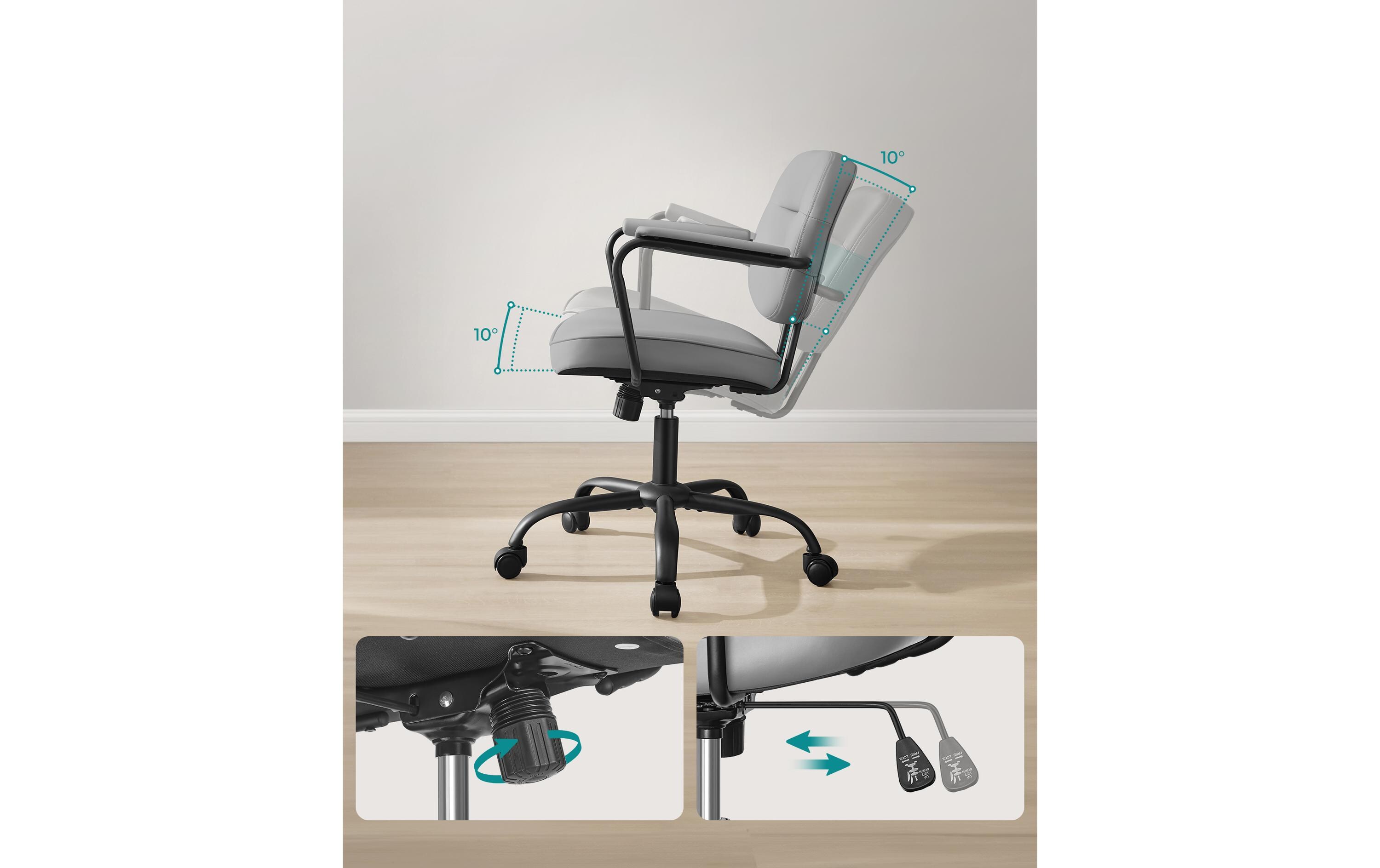 Bürostuhl mit Polsterrücken und Armlehnen, Grau<br>Drehstuhl mit gebogenem Sitz