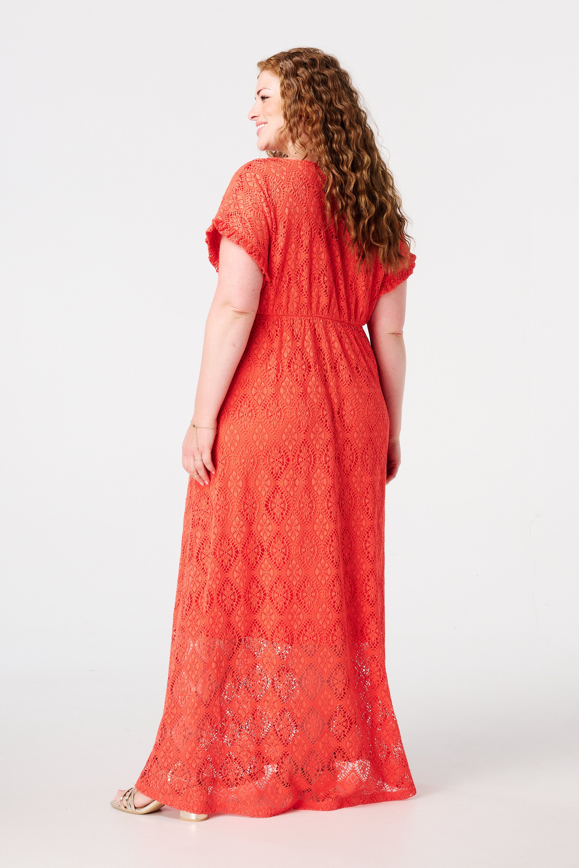 Maxi jurk met gehaakte look Koraal rood