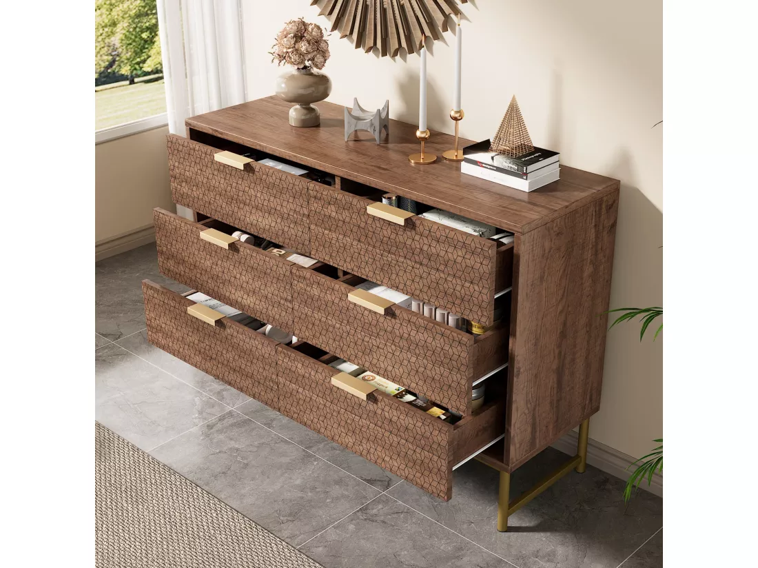 Commode à 6 tiroirs en noyer avec poignées en métal,d120cm×h75cm